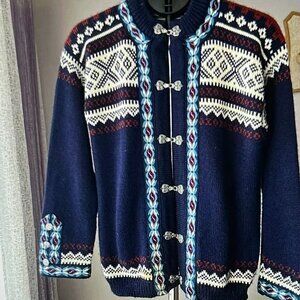 DALE OF NORWAY 100% WOOL FAIR ISLE CARDIGAN SWEATER BLUE KNIT WOMENS SIZE 44 L
